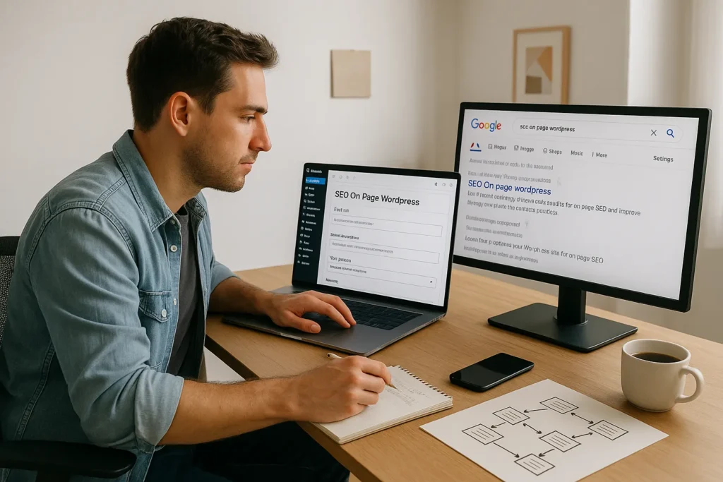 marketer optimizing on page seo in wordpress while checking google search results
