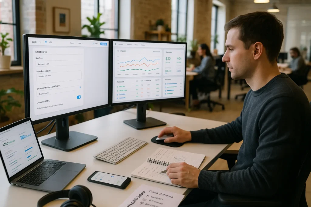 marketer optimizing wix seo settings on dual monitors to mirror rank math features