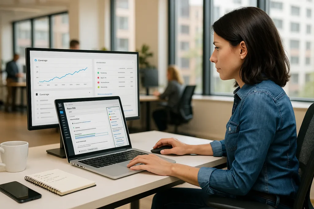 marketer reviews a yoast seo audit in wordpress with analytics charts on screen