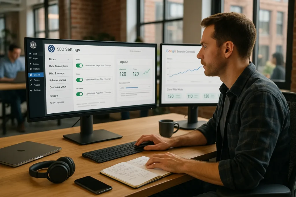 marketer tuning auto seo settings in a wordpress dashboard at a modern office