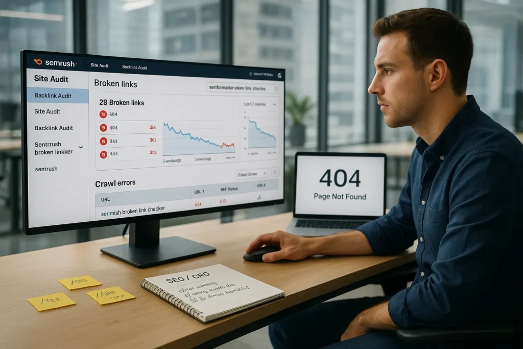marketer using semrush broken link checker on a computer to fix 404 errors