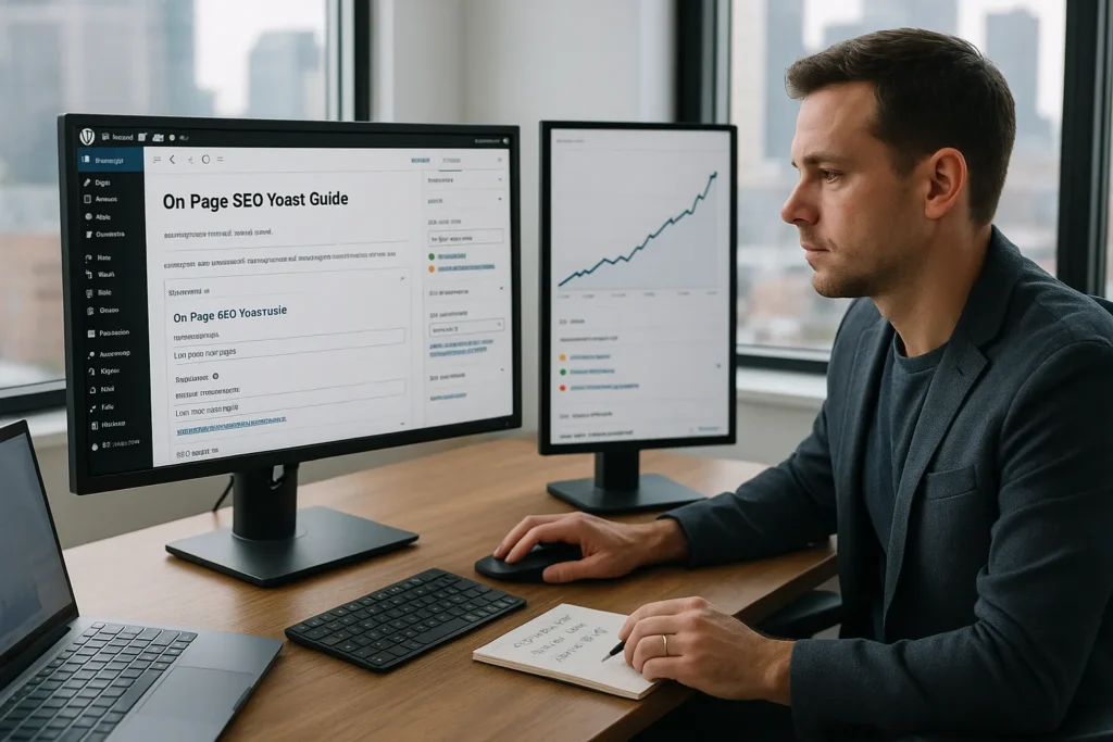 marketer using yoast in wordpress to optimize on page seo with rising traffic graph