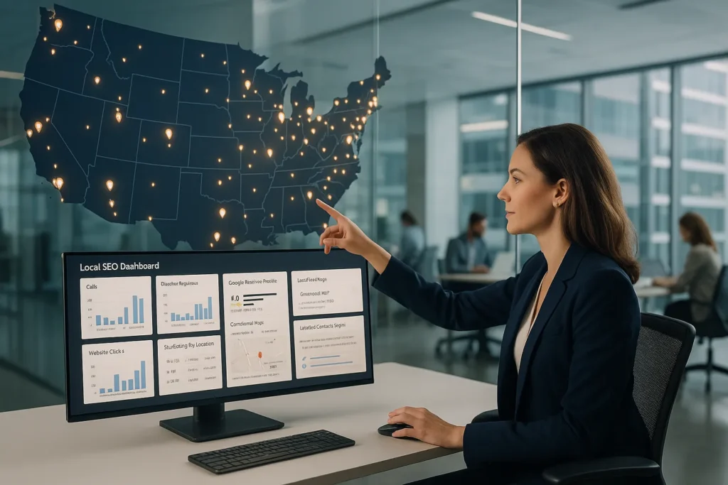 marketing leader managing local seo locations on a u s map with analytics