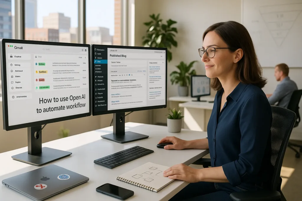 marketing professional watching openai automate emails and wordpress tasks in a modern office