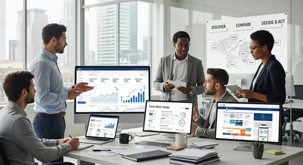 marketing team optimizes sxo with analytics dashboards and ux mockups in a modern office