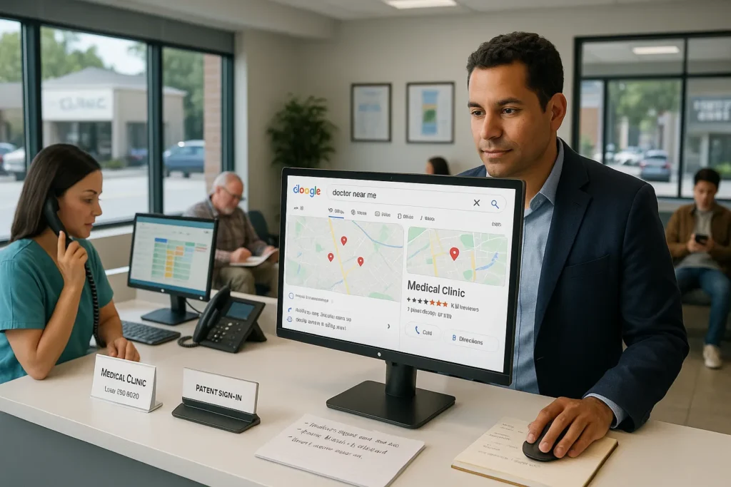 medical clinic staff reviewing google local search results that drive nearby patient visits