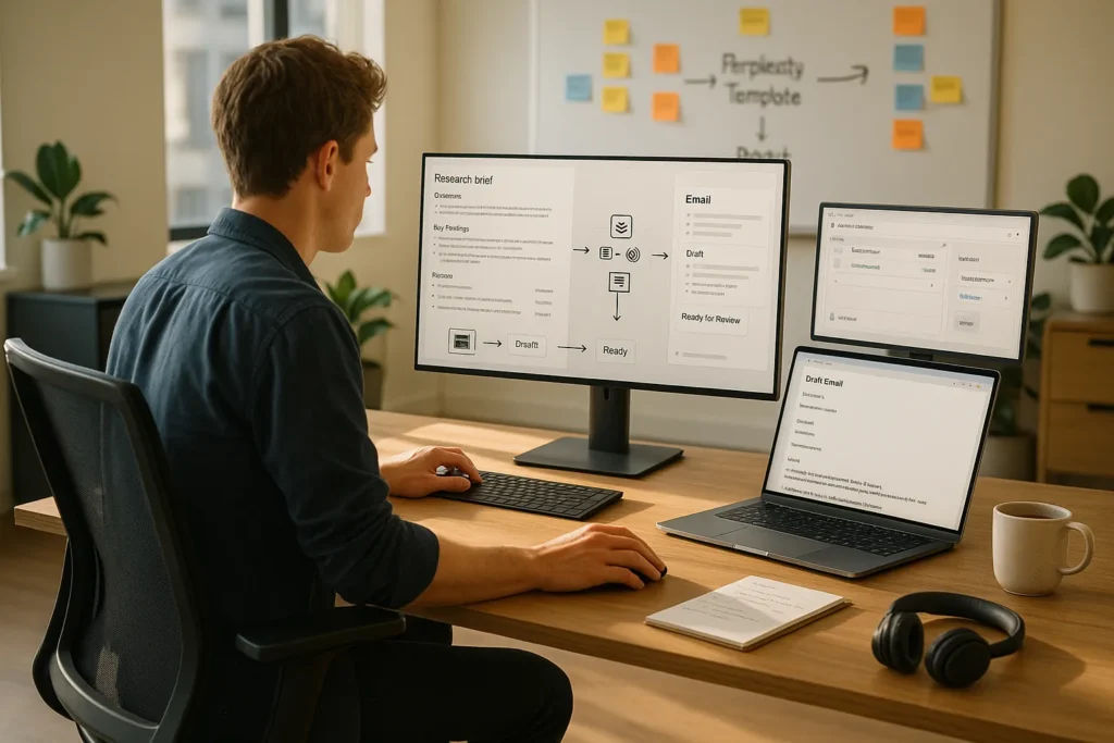 office worker using multi screen setup to automate research and content workflow with ai