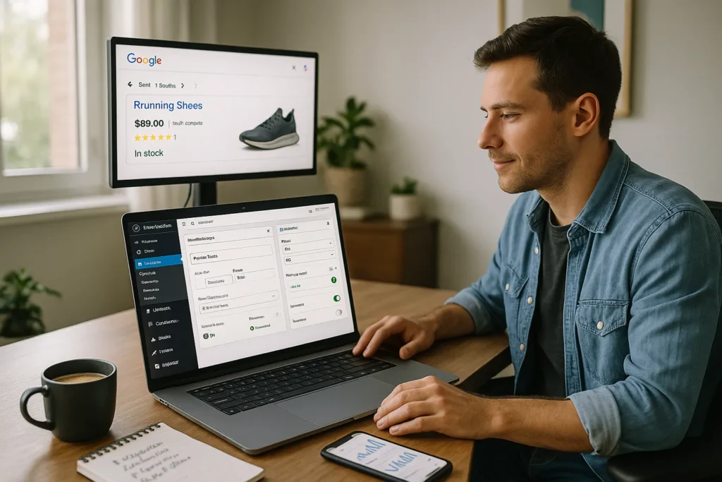RankMath for WooCommerce: A Practical SEO Guide for Online Stores 2 online store owner optimizing a woocommerce product page with rankmath on a laptop