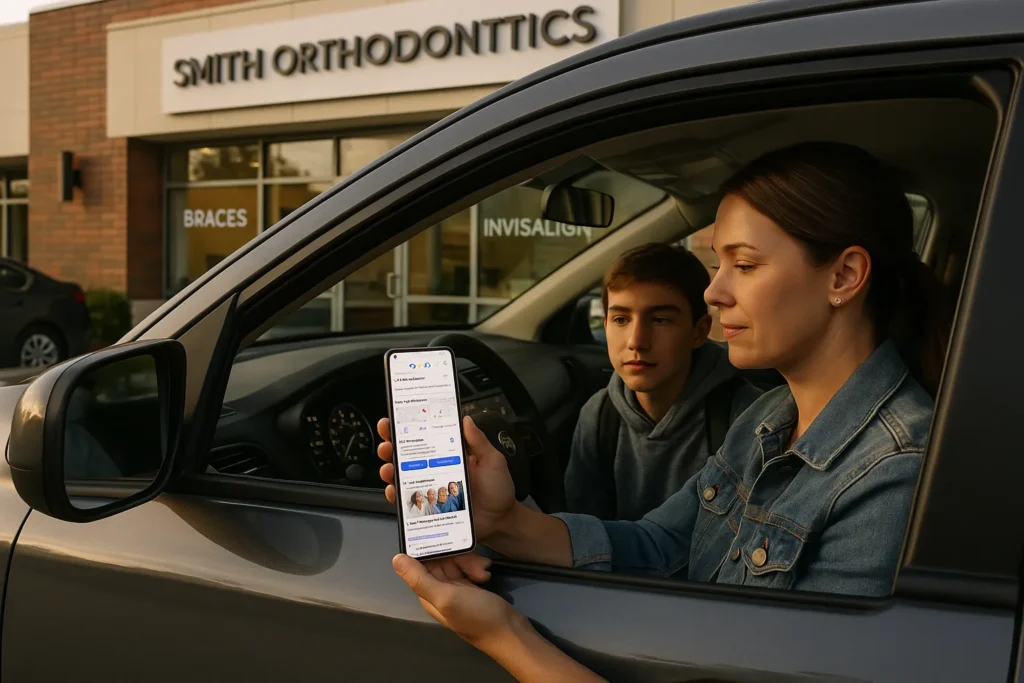 parent and teen in car searching invisalign near me outside orthodontic office