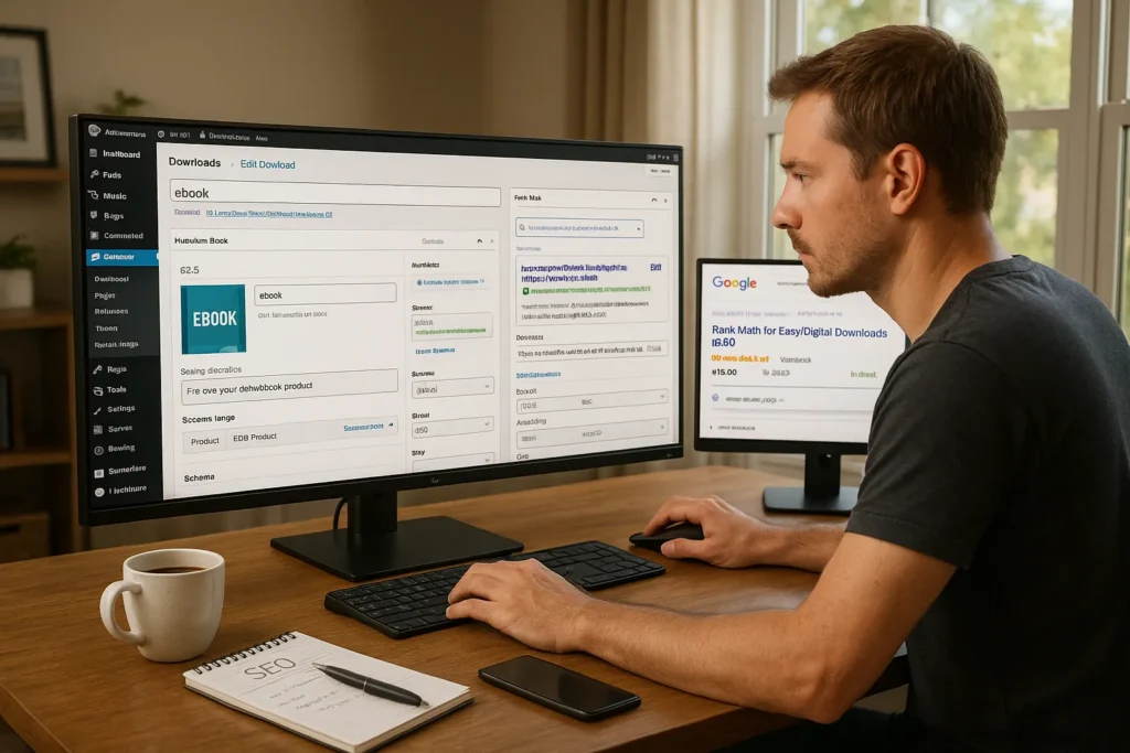 RankMath For Easy Digital Downloads (EDD): A Practical Setup And Optimization Guide 2 person optimizing an easy digital downloads product page with rankmath seo on a monitor