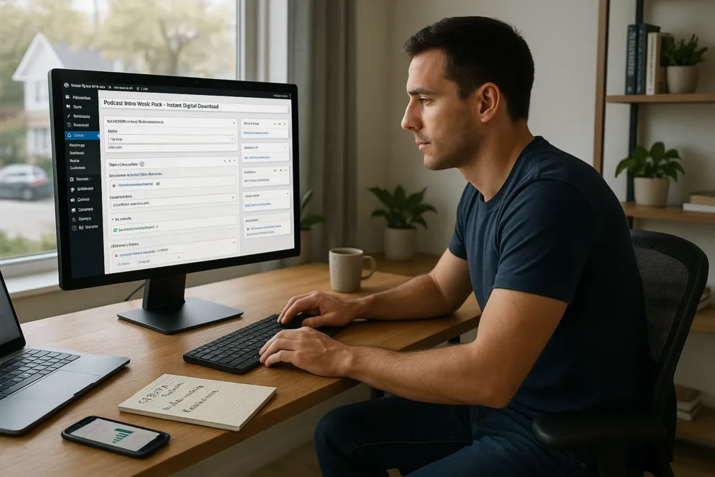 person optimizing an easy digital downloads product page with yoast seo on a desktop