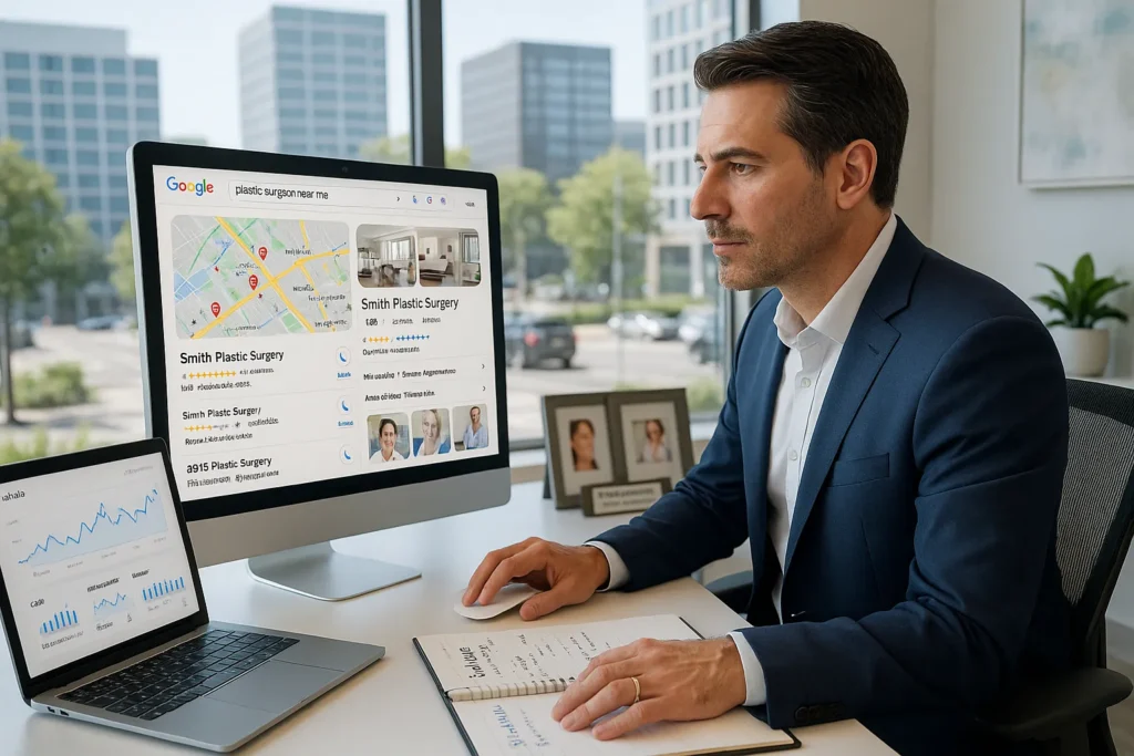 plastic surgeon in modern u s office reviewing local seo search results on screen