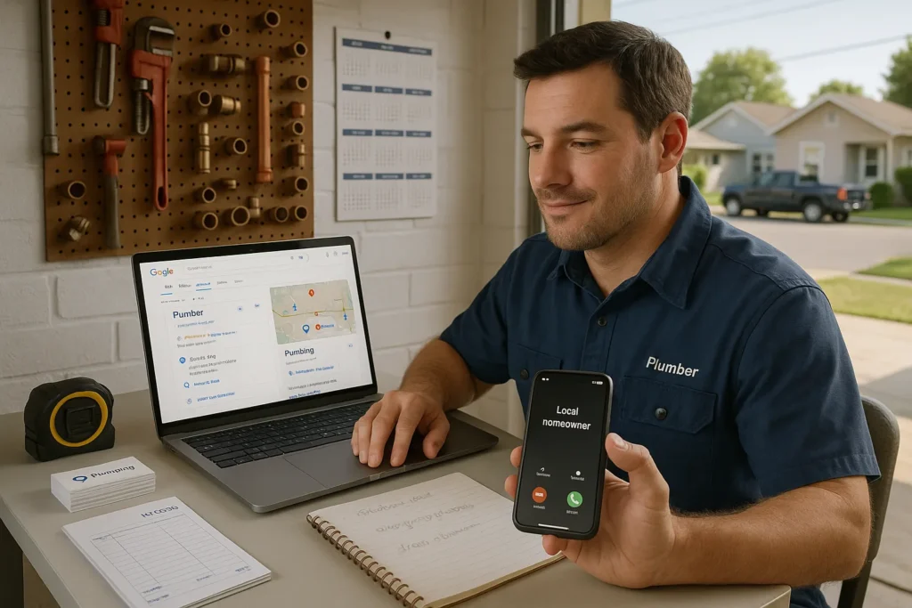 plumber in home office using laptop and phone to boost local seo leads