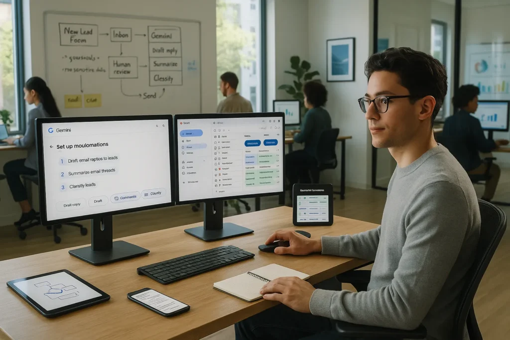 professional in a modern office using gemini powered tools to automate daily workflow tasks