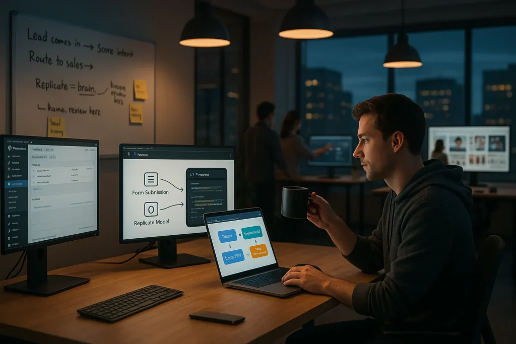professional in modern office monitoring replicate powered workflow automation across multiple apps