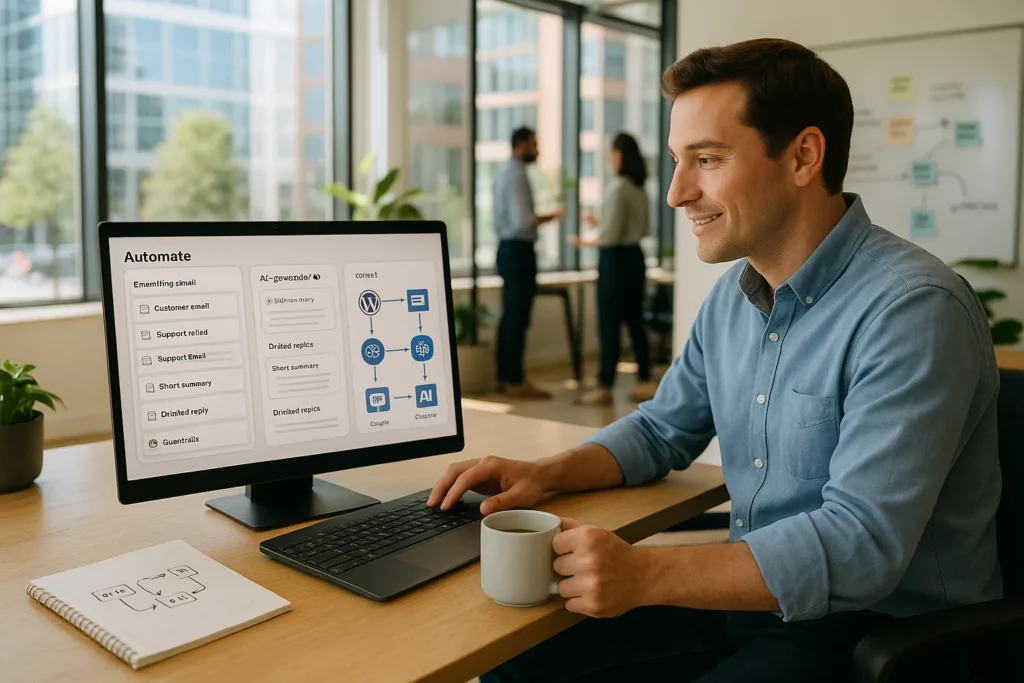professional monitoring ai powered automated workflows on a laptop in a modern u s office