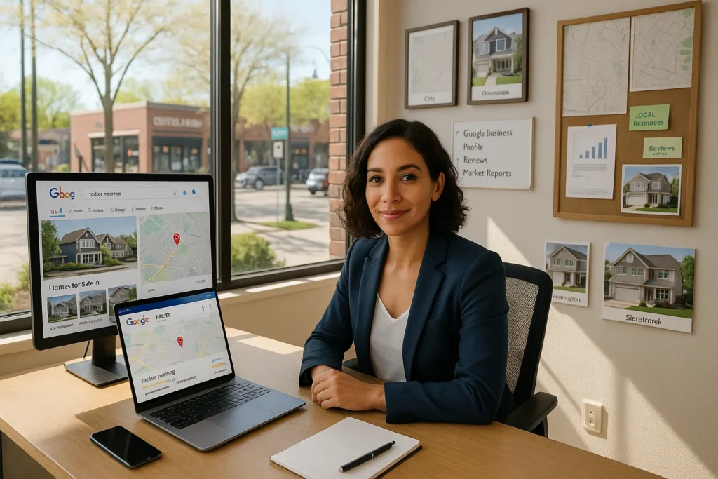 Local SEO For Real Estate: How To Attract More Clients In Your Area 2 real estate agent in u s office reviewing local google search results on laptop