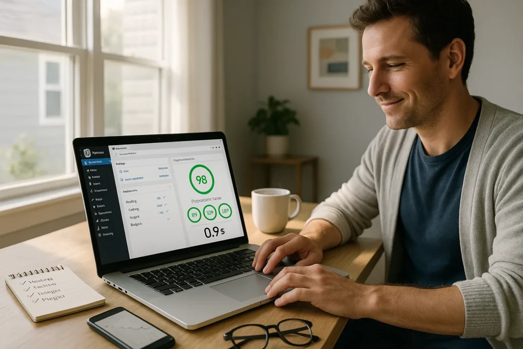 How To Boost WordPress Speed For Your Business Website (Step-By-Step For Non‑Technical Owners) 2 small business owner checking improved wordpress speed scores on a laptop at home desk