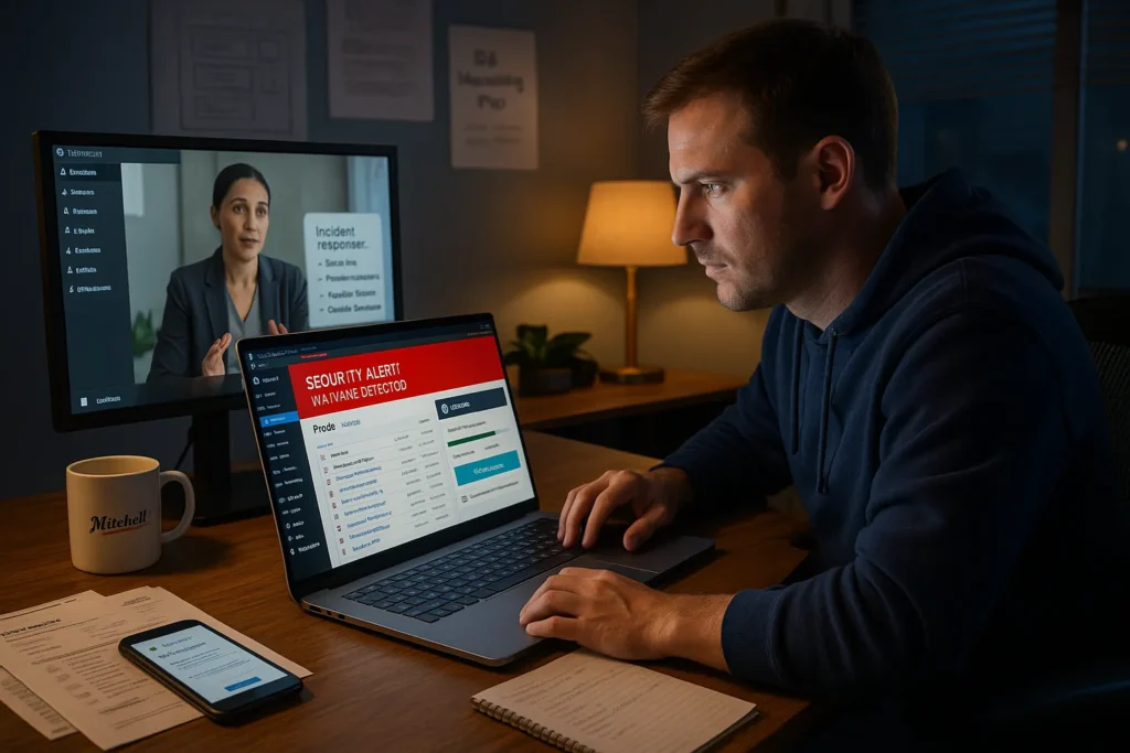 7 Best WordPress Malware Removal Options For Small Business Sites 2 small business owner cleaning a hacked wordpress site with a security expert on zoom