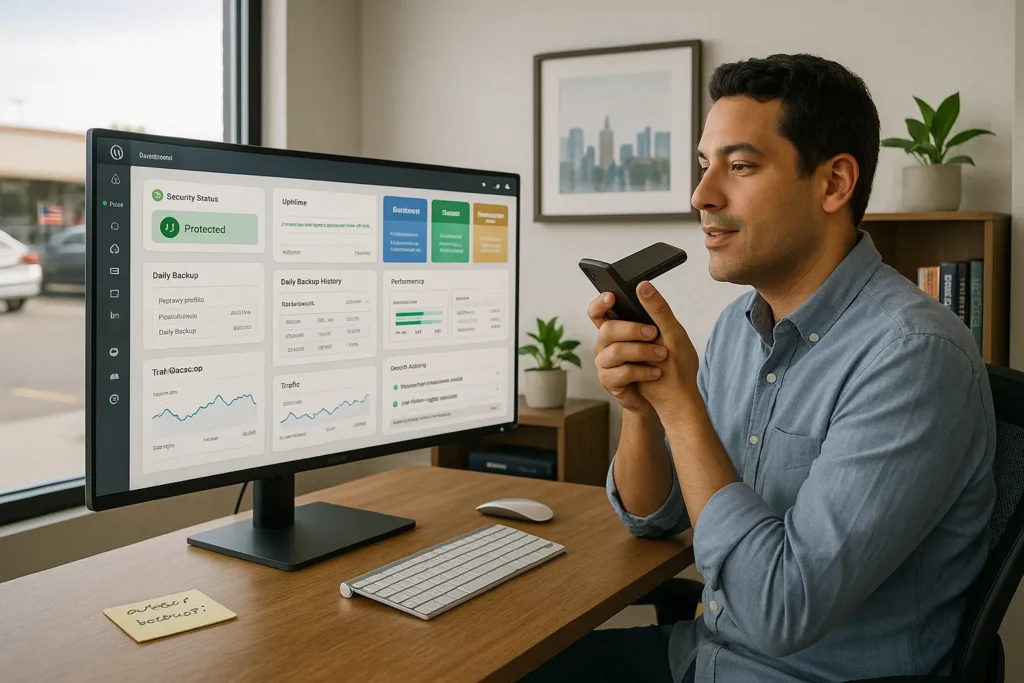 7 Best WordPress Care Plans For Small Businesses (And How To Choose The Right One) 2 small business owner reviews secure wordpress care plan dashboard in a modern us office