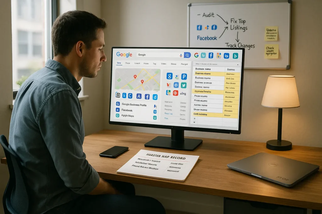 small business owner updating nap citations on a computer to improve local rankings