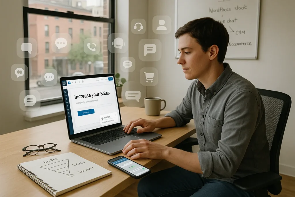small business owner using live chat on a wordpress site in a modern office