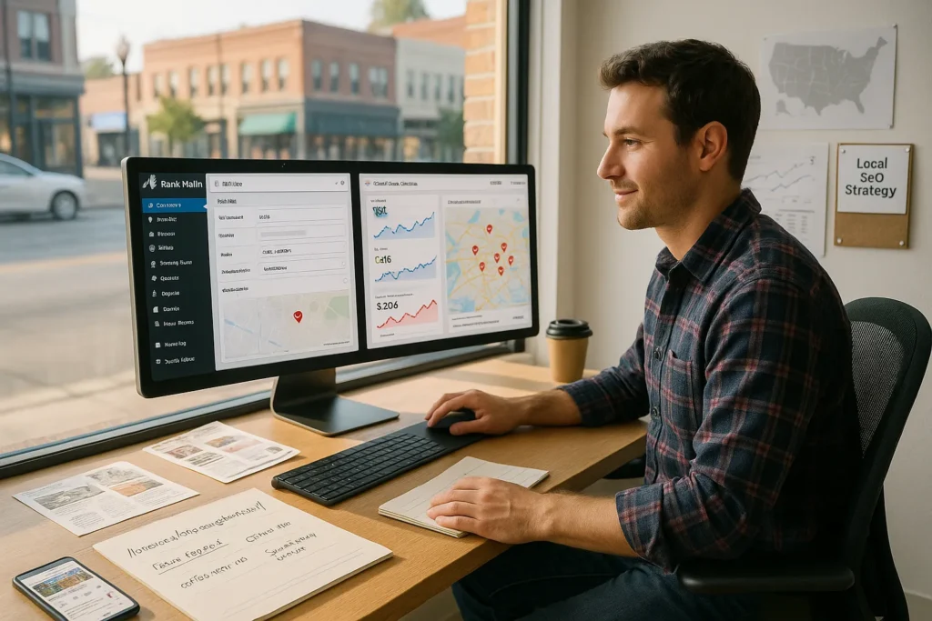 small u s business owner using rank math local seo on wordpress with maps