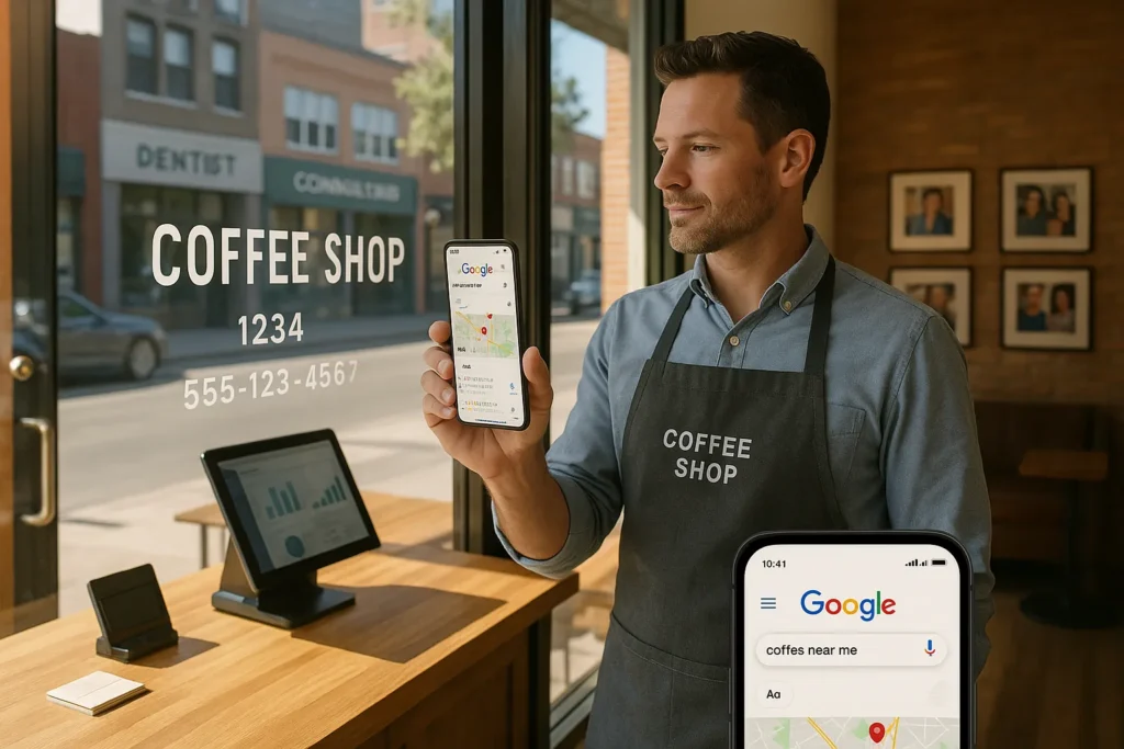 small u s cafe owner reviewing local search results for coffee near me on phone