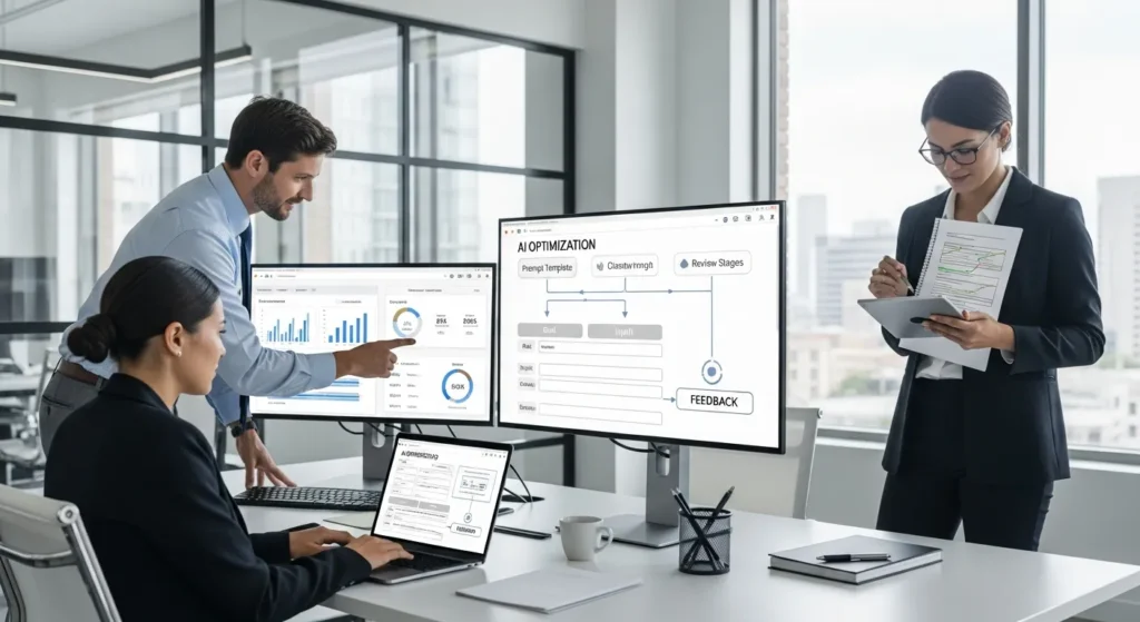 team of professionals refining ai workflows and metrics in a modern office
