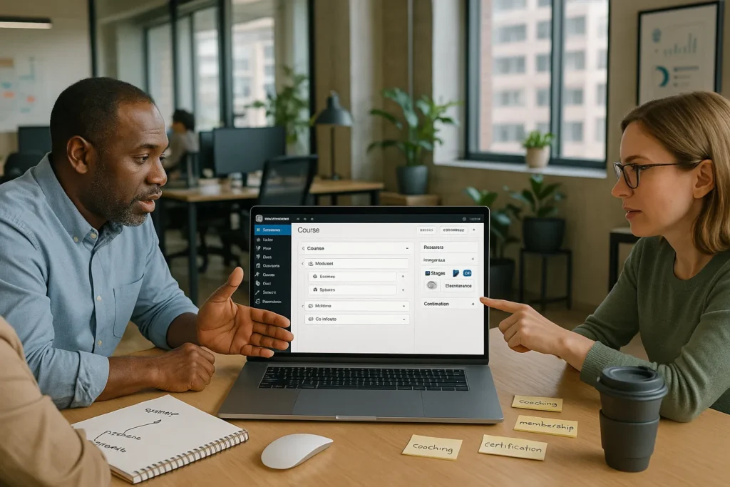 7 Best Learning Management Systems For WordPress (And How To Choose The Right One) 2 team reviews wordpress course builder and lms options on a laptop in modern office