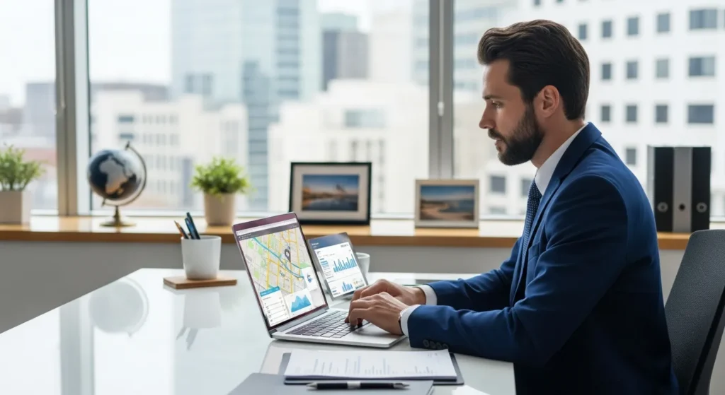 How To Use Local SEO for Travel Agencies 2 travel agent analyzing local search map data on a laptop in a modern office