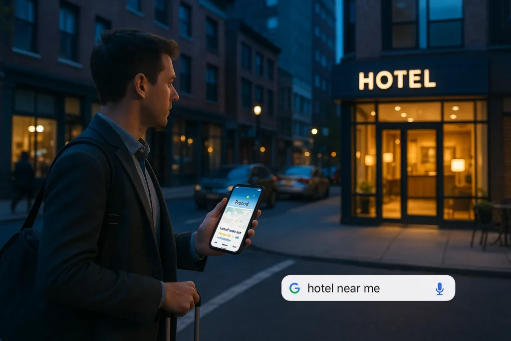 traveler using phone with google maps to choose a nearby u s boutique hotel