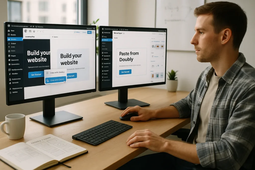 web designer copying a wordpress elementor page between two sites using doubly plugin