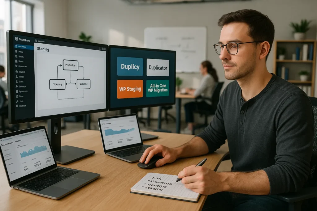 web developer planning wordpress migration using doubly duplicator wp staging and all in one