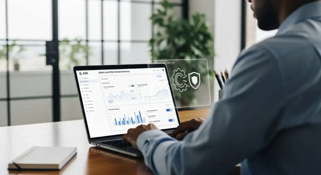 web professional configuring admin and site enhancements settings on a laptop in a modern office