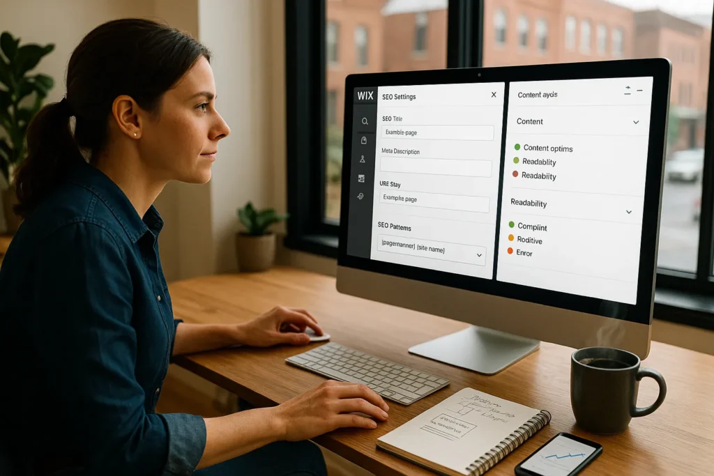 woman optimizing seo in wix editor while referencing a yoast style checklist