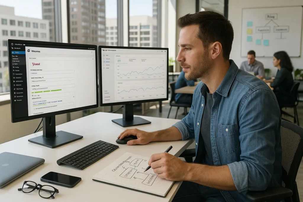 yoast seo expert optimizing wordpress settings on dual monitors in a modern office