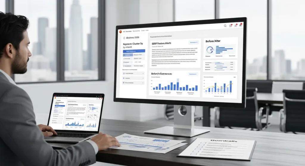 Best AI SEO Tools In 2026: What To Use, What To Avoid, And How To Choose 2 analyst reviewing ai seo tool dashboard and workflow checklist in modern office