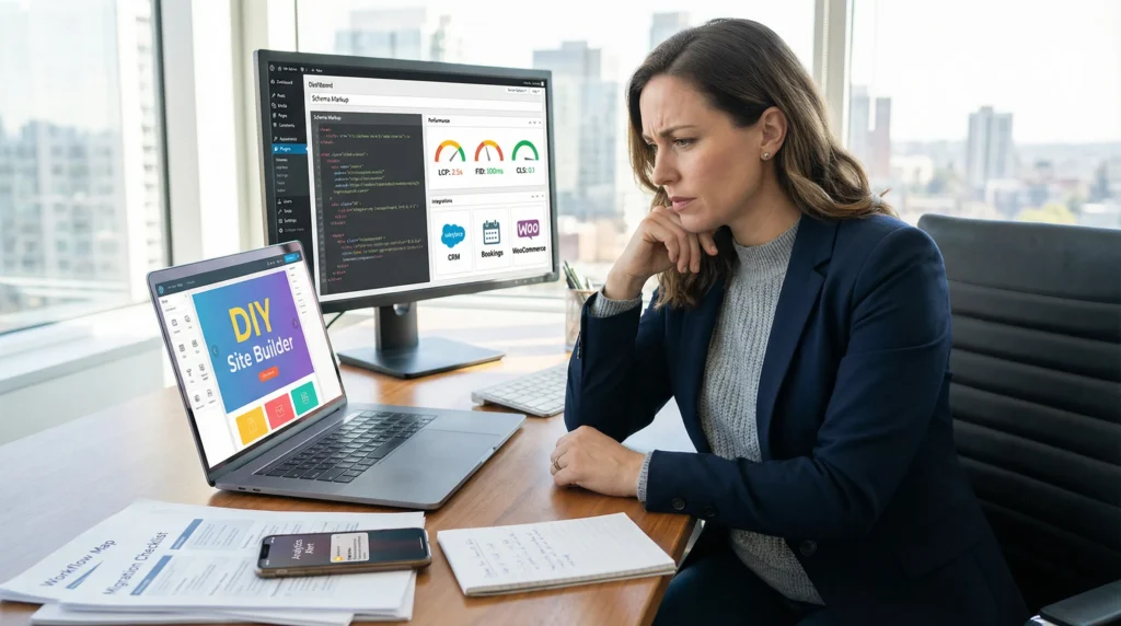 business owner comparing diy website builder and wordpress for scalable growth