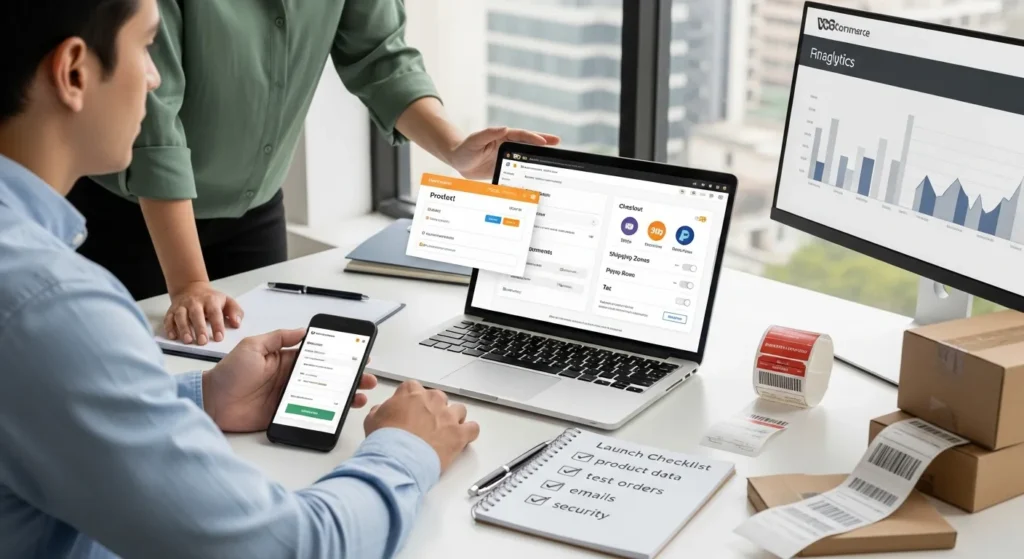 business owners reviewing woocommerce setup and checkout settings on a laptop