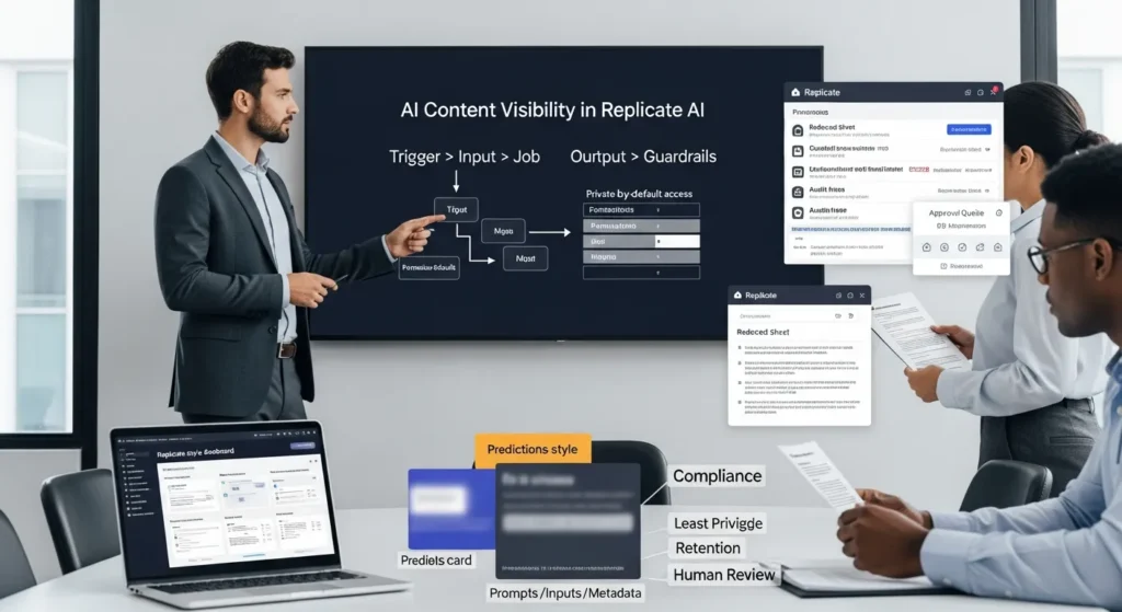 business team reviewing replicate ai content visibility settings and workflow guardrails