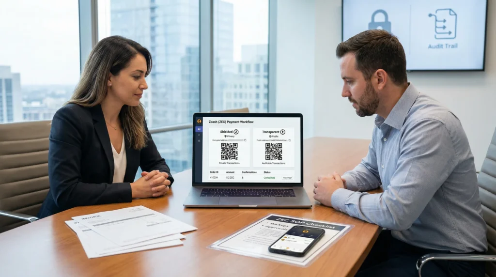 business team reviewing zcash shielded and transparent payments on a laptop