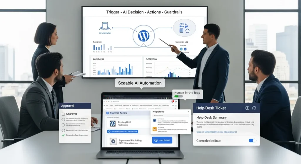 AI Automation: A Practical, Safety-First Guide For Busy Teams 2 business team reviews ai automation workflow dashboards with human approval in modern office