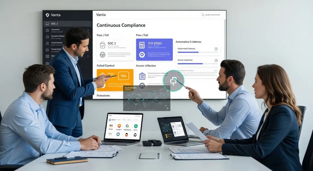 Vanta: What It Does, Who It Is For, And How To Implement It Safely 2 compliance team reviewing vanta dashboard with soc 2 controls and integrations