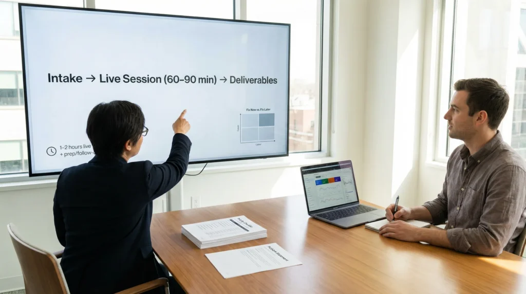 How Much Time A Website Consultation Really Takes (And What You Get At Each Step) 2 consultant and founder reviewing website consultation timeline and analytics in a modern office