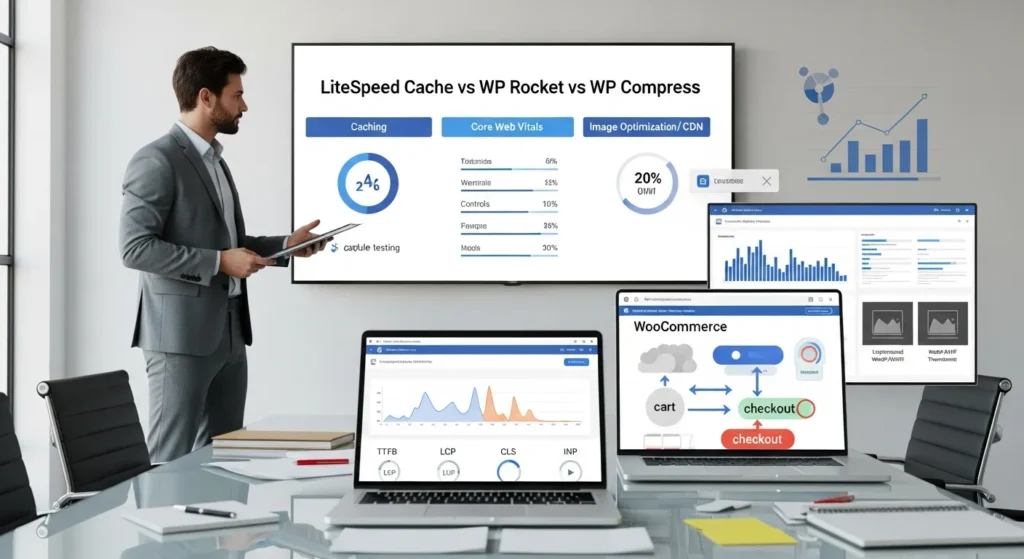 LiteSpeed Cache Vs WP Rocket Vs WP Compress: Which Performance Stack Fits Your WordPress Site? 2 consultant compares litespeed cache wp rocket and wp compress performance dashboards