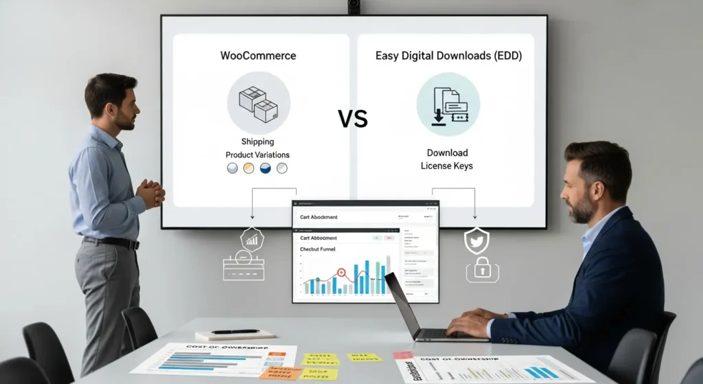consultant compares woocommerce and edd checkout and costs in modern office