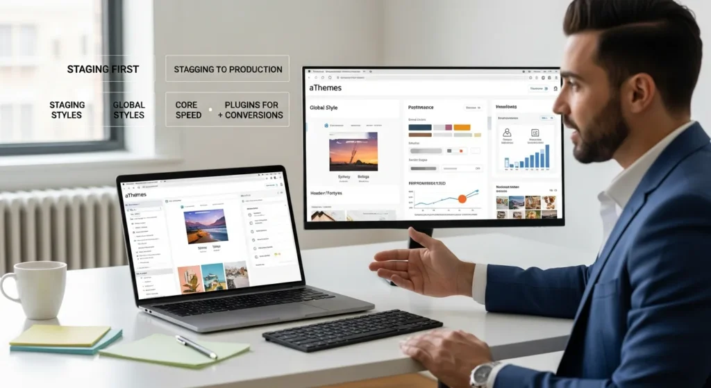 consultant configuring an athemes wordpress theme on staging with global styles