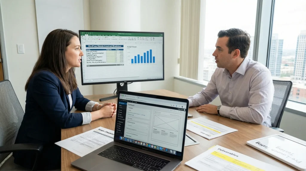 consultant explains wordpress website design cost breakdown to a client in office