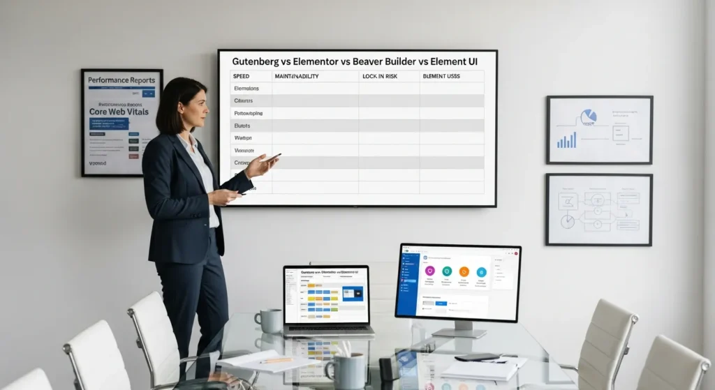 Gutenberg Vs Elementor Vs Beaver Builder Vs Element UI: Which Builder Fits Your WordPress Workflow? 2 consultant presenting gutenberg elementor beaver builder and element ui comparison chart